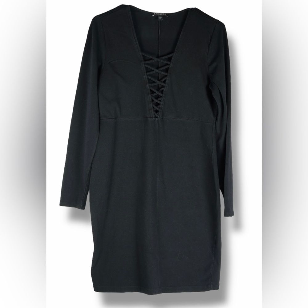 Express Women’s Black Deep V-Neck Long Sleeve Classic Bodycon Dress – Size L - Picture 7 of 17